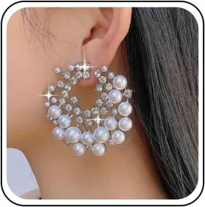 Boho Multi Cz Flower Pearl Stud Earrings Silver Cluster Crystal Pearl Hoop Earrings Cz Pearl Cluster Earrings Round White Bead Earrings Bridal Pearl Earrings Jewelry for Women