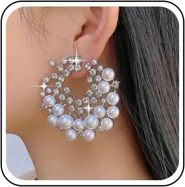 Boho Multi Cz Flower Pearl Stud Earrings Silver Cluster Crystal Pearl Hoop Earrings Cz Pearl Cluster Earrings Round White Bead Earrings Bridal Pearl Earrings Jewelry for Women