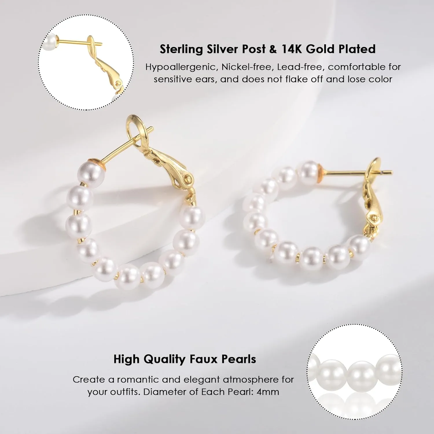 CERSLIMO Pearl Hoop Earrings for Women - 3 Pairs 14K Gold Plated & Sterling Silver Post Big Large Hoops 4mm Pearl Earrings Jewelry Gifts 20/30/40/50mm