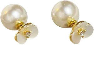 Dainty Double-sided Shell Flower CZ Pearl Earrings for Women Fashion 925 Sterling Silver Post Gold Plated Hypoallergenic Round Pearl Front Back Stud Earring Wedding Birthday Jewelry Gifts Her