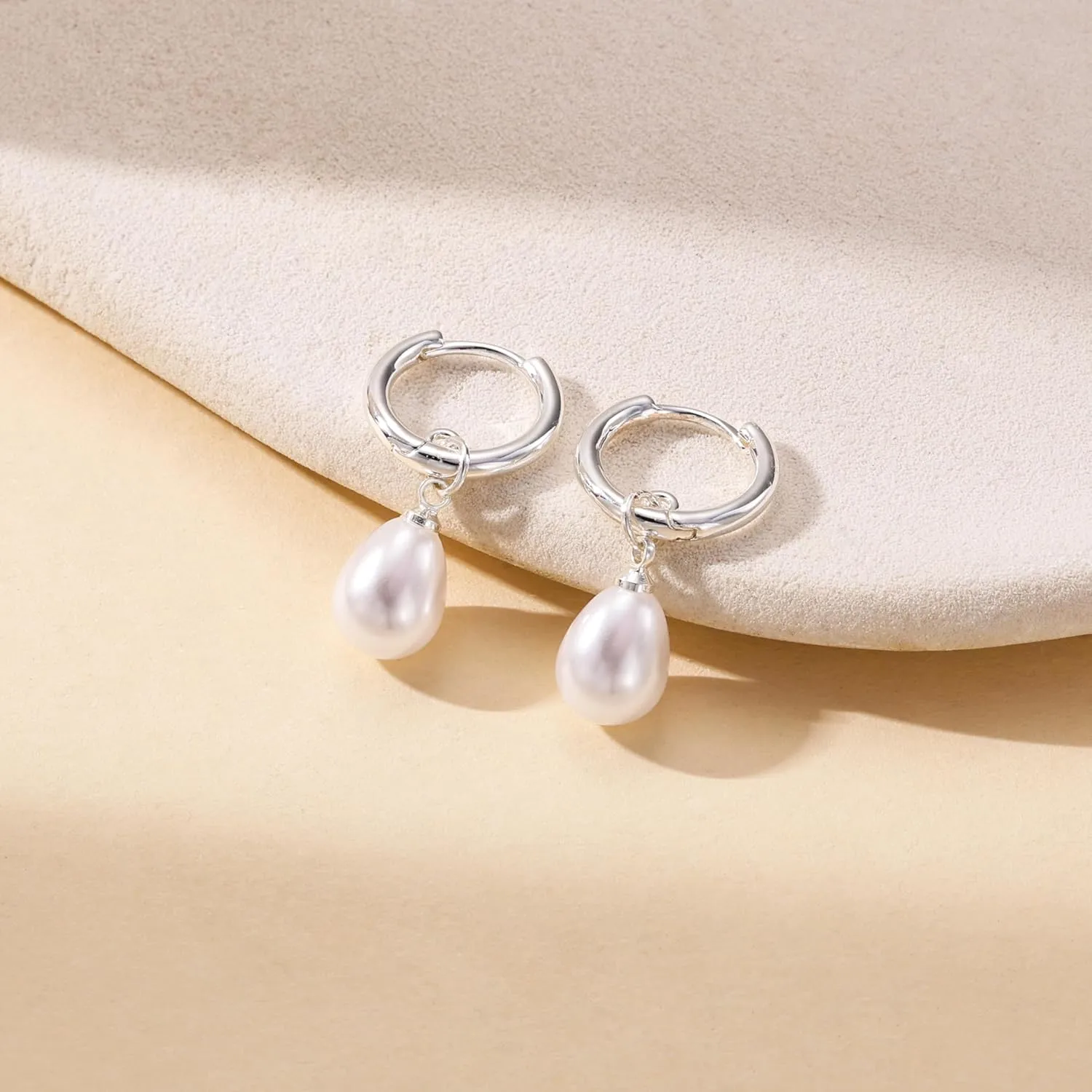 Gold Pearl Dangle Earrings for Women, 14K Gold Plated Small Pearl Drop Huggie Hoop Earrings, Hypoallergenic Dainty Gold Earrings Wedding Jewelry Gifts for Women Trendy