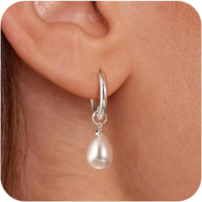 Gold Pearl Dangle Earrings for Women, 14K Gold Plated Small Pearl Drop Huggie Hoop Earrings, Hypoallergenic Dainty Gold Earrings Wedding Jewelry Gifts for Women Trendy