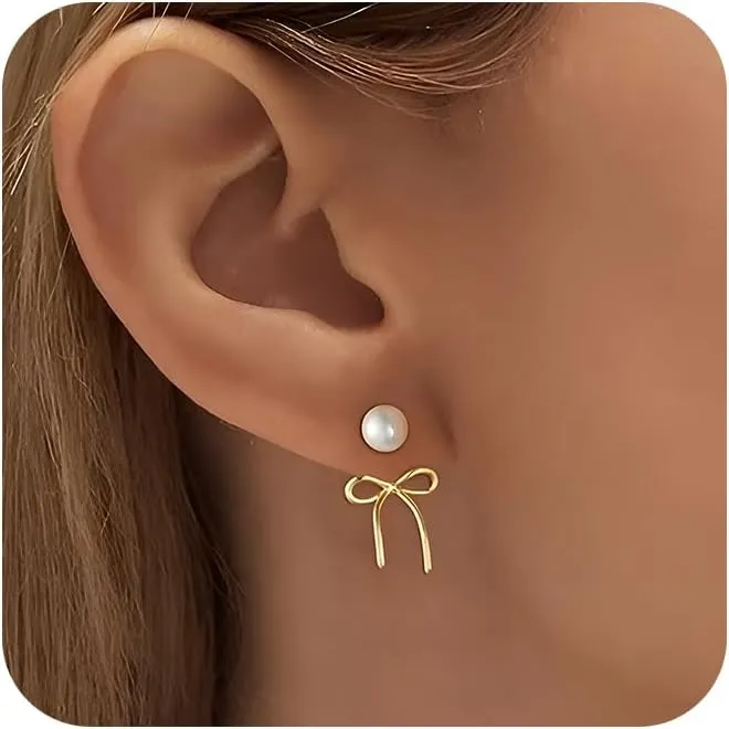 Gold Silver Pearl Earrings for Women - Hoop Earrings for Women Trendy 14K Gold Plated/Silver Twist Rope Bow Stud Bow Pearl Huggie Earring Hoops Pearls Dangle Cubic Zirconia Earring Jewelry Gift Womens