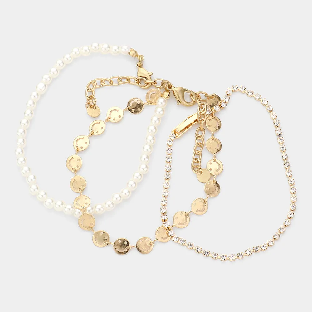 iLLASPARKZ 3PCS - Metal Smile Link Pearl Tennis Bracelets